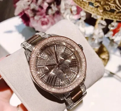 Pre-owned Michael Kors Women's Wren Chronograph Pave Glitz Stainless Steel Watch Mk6707