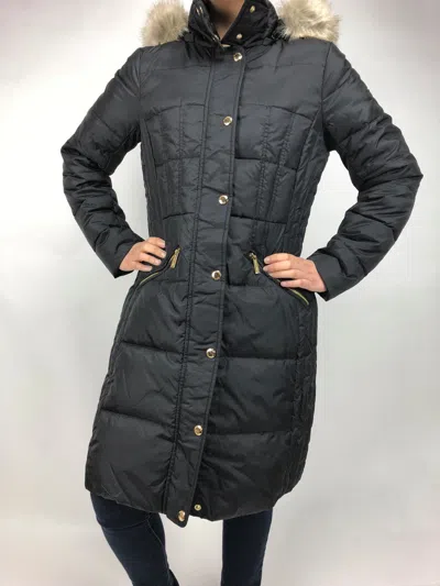 Pre-owned Michael Kors Womens  Down Puffer Jacket Bubble Coat Black Gold Faux Fur Trim Hood