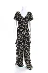Michael Kors Womens Silk Floral Print Ruffled Jumpsuit Black In Black