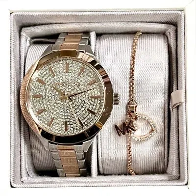 Pre-owned Michael Kors Womens Wristwatch + Bracelet  Mk1045 Steel Gold Rose In Gray