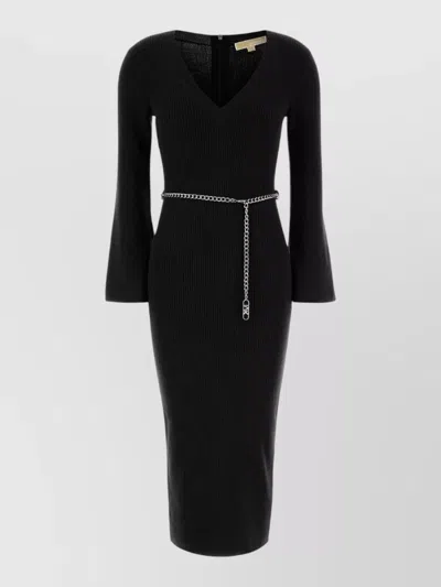 Michael Kors Wool Blend Midi Dress Chain Belt In Black