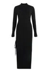 Michael Kors Black Crewneck Midi Dress With Ruched Detail In Wool Woman In Black