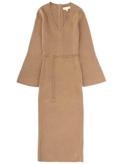 Michael Kors Wool Midi Dress In Brown