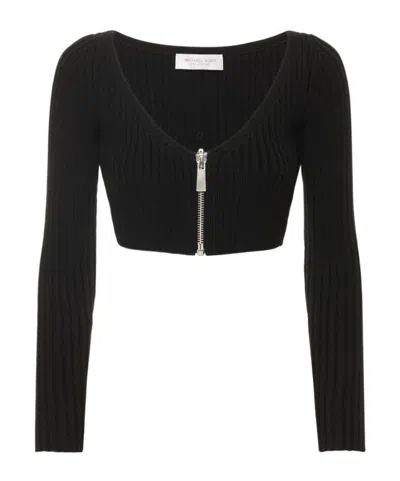 Michael Kors Cropped Ribbed Wool-blend Cardigan In Black