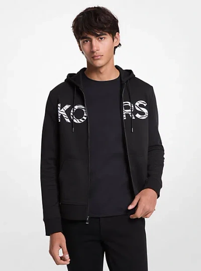 Michael Kors Zebra Print Logo Cotton Blend Zip-up Hoodie In Black