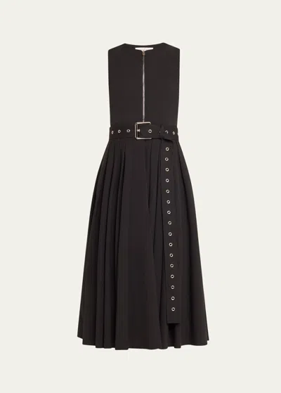 Michael Kors Zip-up Cotton Poplin Belted Midi Dress In Black