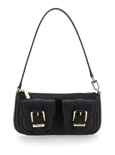 Michael Kors 'zoe' Black Shoulder Bag With Pockets And Straps On The Front In Hammered Leather Woman
