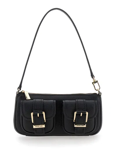 MICHAEL KORS 'ZOE' BLACK SHOULDER BAG WITH POCKETS AND STRAPS ON THE FRONT IN HAMMERED LEATHER WOMAN