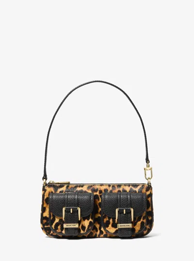 Michael Kors Zoe Small Leopard Print Calf Hair Pochette In Gold