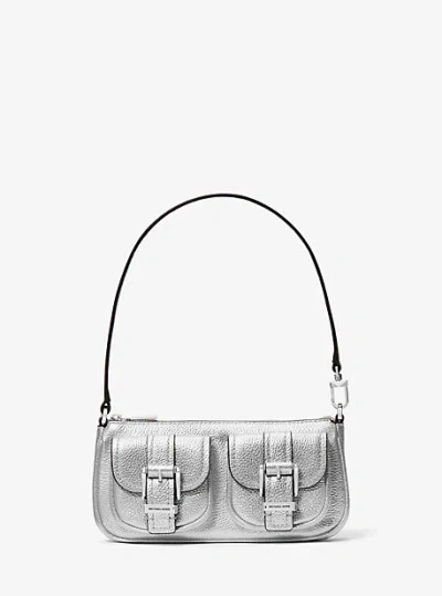 Michael Kors Zoe Small Metallic Leather Pochette In Silver