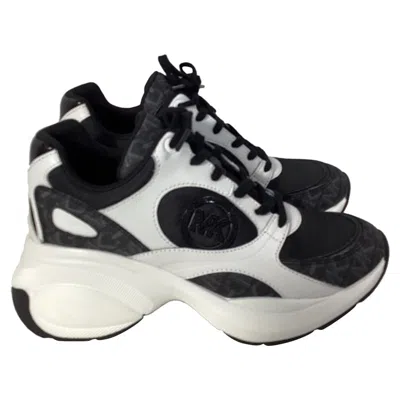 Michael Kors Zuma Empire Signature Logo And Mesh Trainer In Black And White Leather