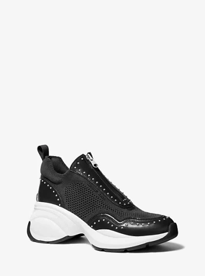 Michael Kors Zuma Studded Mixed-media Trainer In Black