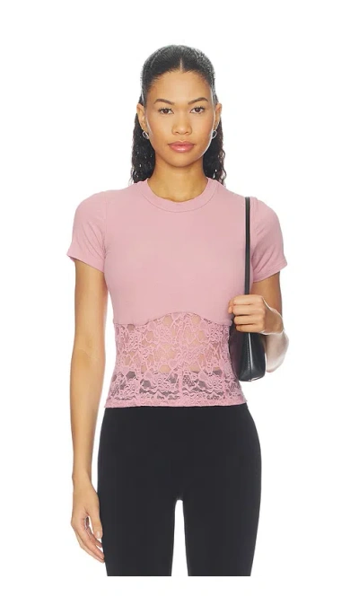 Michael Lauren Ember Rib Lace Short Sleeve Tee In Pink