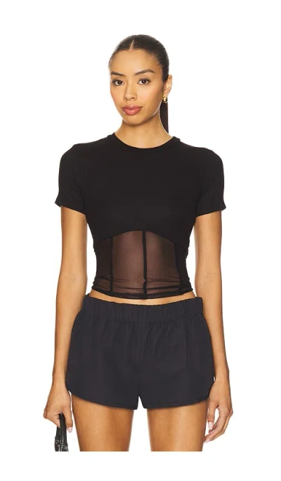 Michael Lauren Ember Rib Mesh Corset Tee In Black