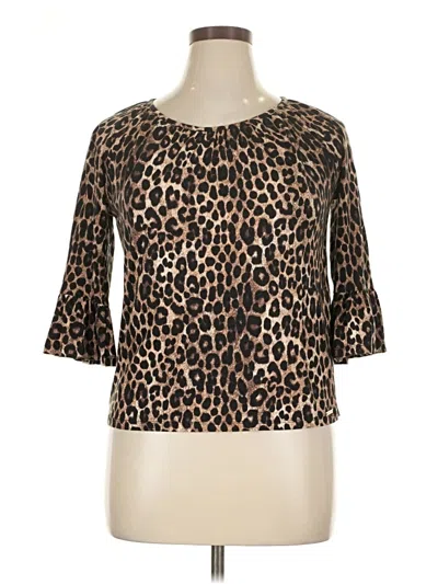 Pre-owned Michael Michael Kors 3/4 Sleeve Top Brown Animal Print Pattern Keyhole Neckline Tops