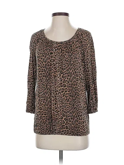 Pre-owned Michael Michael Kors 3/4 Sleeve Top Brown Animal Print Pattern Scoop Neck Tops