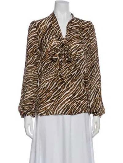 Pre-owned Michael Michael Kors Animal Print Tie Neck Blouse In Brown
