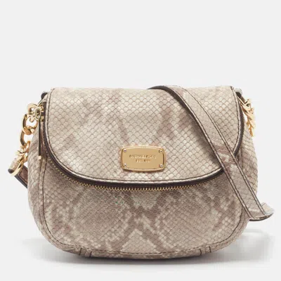 Pre-owned Michael Michael Kors Bedford Beige Python Embossed Leather Crossbody Bag In Sand