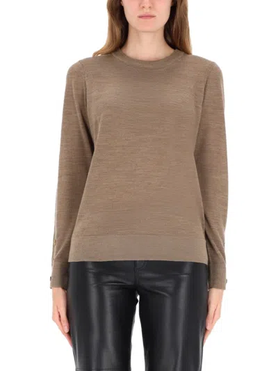 Michael Michael Kors Beige Merino Wool Sweater With Ribbed Cuffs And Button Detail In Brown