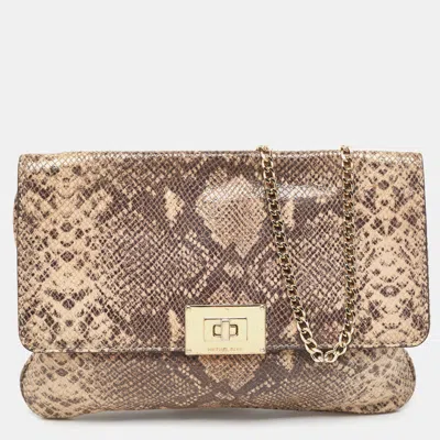 Pre-owned Michael Michael Kors Beige Python Embossed Leather Turnlock Chain Bag