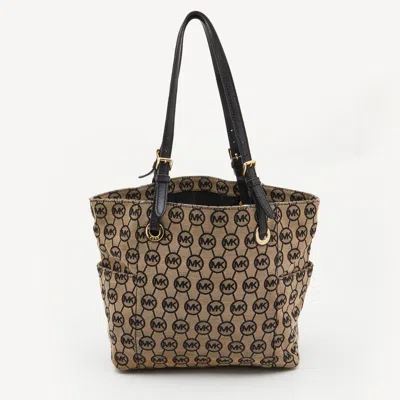 Pre-owned Michael Michael Kors Beige/black Signature Canvas And Leather Jet Set Tote