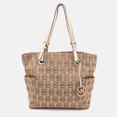 Pre-owned Michael Michael Kors Beige/brown Signature Canvas Jet Set Tote
