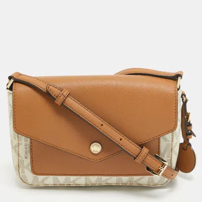 Pre-owned Michael Michael Kors Beige/brown Signature Coated Canvas And Leather Greenwhich Shoulder Bag