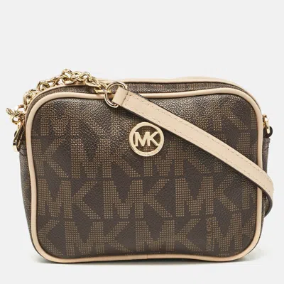 Pre-owned Michael Michael Kors Beige/brown Signature Coated Canvas And Leather Mini Camera Crossbody Bag