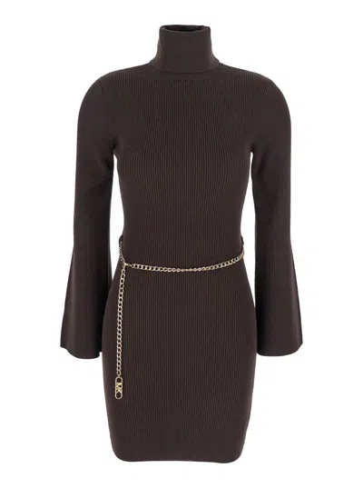 Michael Michael Kors Ribbed Chain-belt Mini Dress In Brown