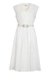 Michael Michael Kors White Sleeveless Long Dress With V Neck And Adjustable Belt In Cotton Stretch Woman In Multi