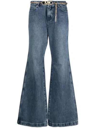 Michael Michael Kors Blue Flared Jeans With Chain Belt In Denim Woman In Beige