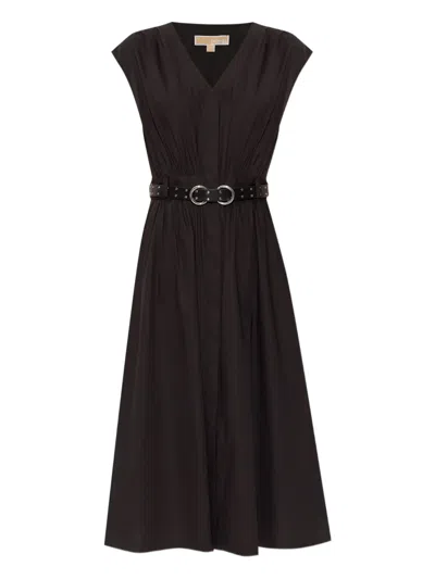 Michael Michael Kors Midi Dress With V-neckline And Stylish Waist Belt In Black