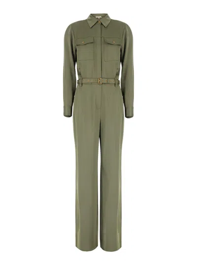 Michael Michael Kors Belted Satin Jumpsuit In Green