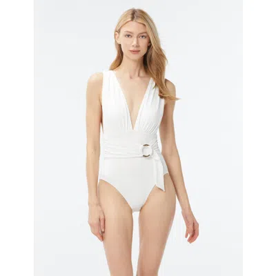 Michael Michael Kors Belted Surplice Plunge One Piece In White