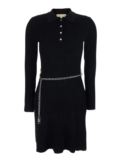 Michael Michael Kors Black Dress With Polo Shirt Style Collar And Front Chain Belt In Viscose Blend Woman