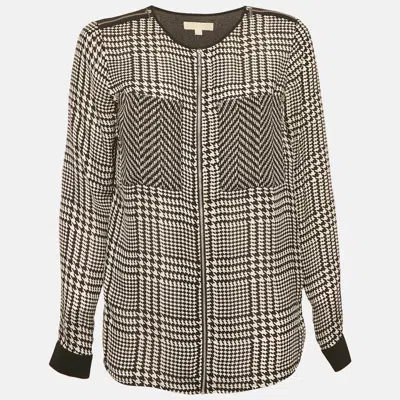 Pre-owned Michael Michael Kors Black Houndstooth Printed Silk Zip Front Top Xs