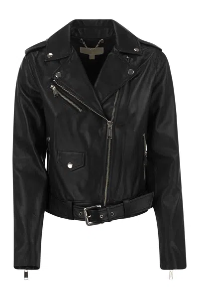 Michael Michael Kors Black Lambskin Jacket For Women With Zippered Pockets And Buckle Waist