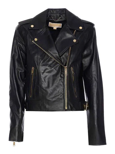 Michael Michael Kors Black Leather Moto Jacket In Animal Print