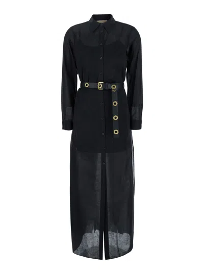 Michael Michael Kors Black Long Dress With Classic Collar And Waist Belt In Cotton Woman