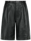 Michael Michael Kors Black Pleated Leather Bermuda Shorts In Black