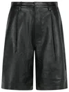 Michael Michael Kors Black Pleated Leather Bermuda Shorts In Black