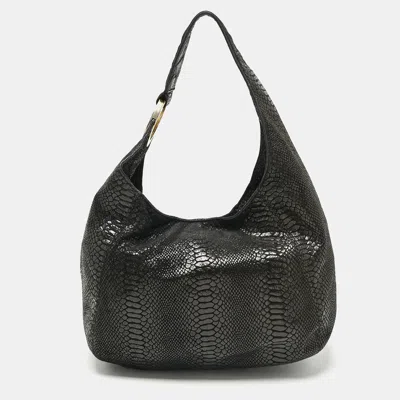 Pre-owned Michael Michael Kors Black Python Effect Faux Suede Fulton Hobo
