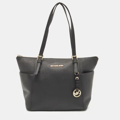Pre-owned Michael Michael Kors Black Saffiano Leather Jet Set Top Zip Tote