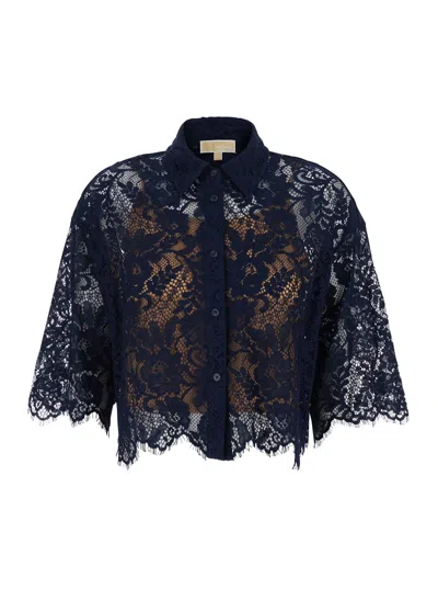 Michael Michael Kors Black Shirt With Classic Collar And Lace Design In Tech Fabric Woman In Blue