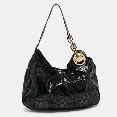 Pre-owned Michael Michael Kors Black Snakeskin Embossed Leather Fulton Slouchy Hobo