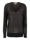 Michael Michael Kors Black T-shirt With V Neck And Ribbed Trims In Cotton And Silk Blend Woman In Black