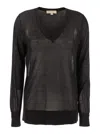 Michael Michael Kors Black T-shirt With V Neck And Ribbed Trims In Cotton And Silk Blend Woman