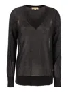 Michael Michael Kors Black T-shirt With V Neck And Ribbed Trims In Cotton And Silk Blend Woman In Black