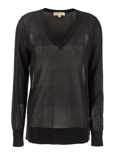 Michael Michael Kors Black T-shirt With V Neck And Ribbed Trims In Cotton And Silk Blend Woman