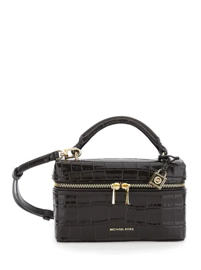 Michael Michael Kors Black Vanity Bag With Logo Lettering On The Front In Crocodile Effect Leather Woman In Brown